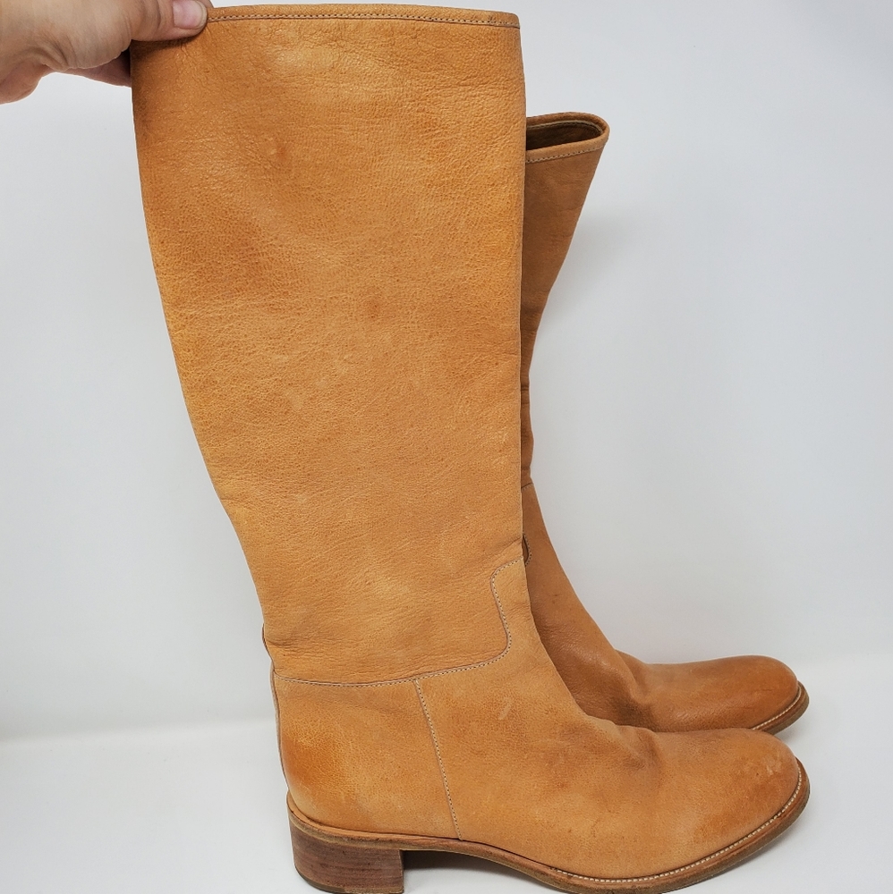 Prada camel tan tall leather half zip boots